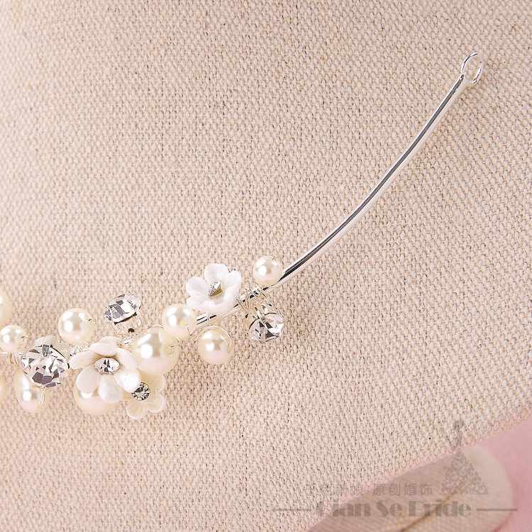 Pearls Crystals Ceramic Floral Bridal Jewelry Soft Tiaras Necklace Earring Women Wedding Sets 3pcs - White