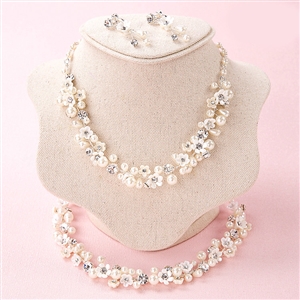 Pearls Crystals Ceramic Floral Bridal Jewelry Soft Tiaras Necklace Earring Women Wedding Sets 3pcs - White