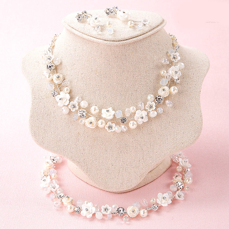 Pearls Crystals Ceramic Flower Bridal Jewelry Soft Tiaras Necklace Earring Women Wedding Sets 3pcs - White