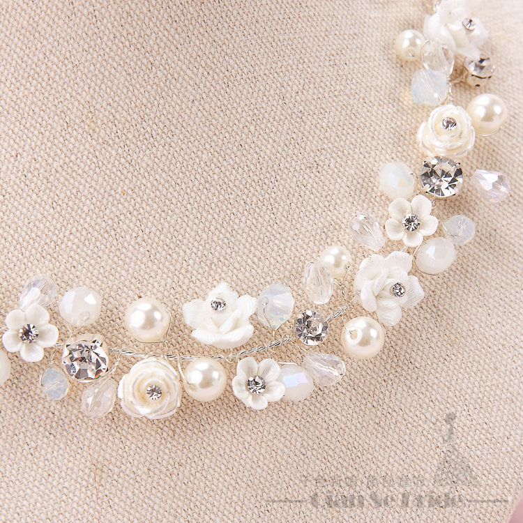 Pearls Crystals Ceramic Flower Bridal Jewelry Soft Tiaras Necklace Earring Women Wedding Sets 3pcs - White