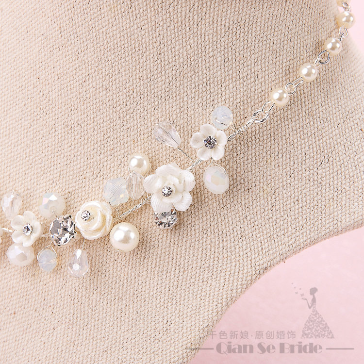 Pearls Crystals Ceramic Flower Bridal Jewelry Soft Tiaras Necklace Earring Women Wedding Sets 3pcs - White