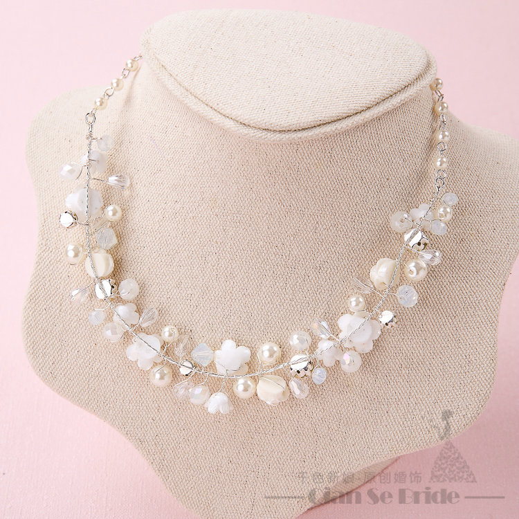 Pearls Crystals Ceramic Flower Bridal Jewelry Soft Tiaras Necklace Earring Women Wedding Sets 3pcs - White