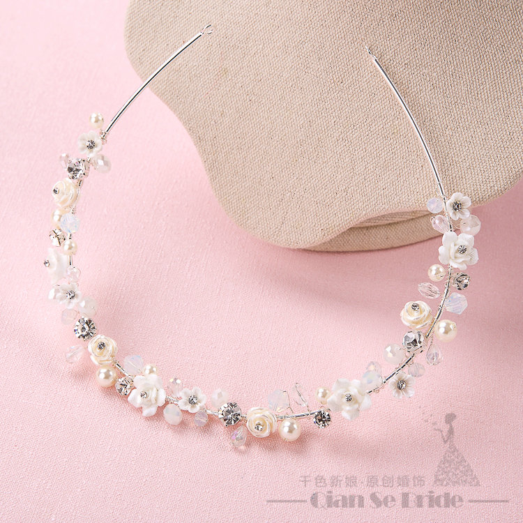 Pearls Crystals Ceramic Flower Bridal Jewelry Soft Tiaras Necklace Earring Women Wedding Sets 3pcs - White