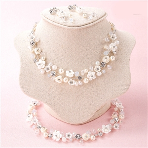 Pearls Crystals Ceramic Flower Bridal Jewelry Soft Tiaras Necklace Earring Women Wedding Sets 3pcs - White