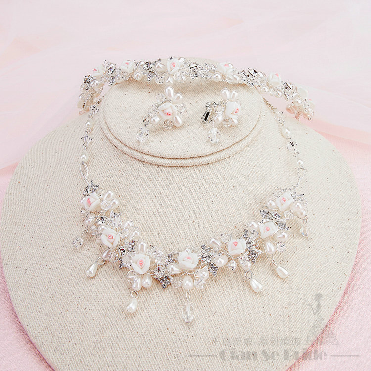 Pearls Crystals Ceramic Flower Bridal Jewelry Tiaras Necklace Earring Women Wedding Sets 3pcs - White