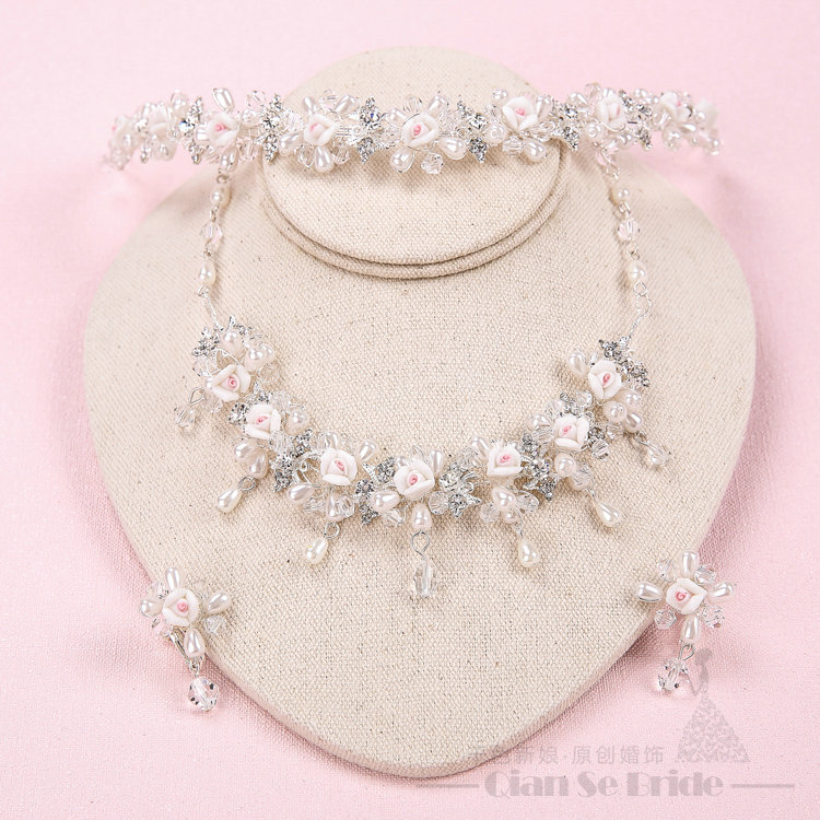 Pearls Crystals Ceramic Flower Bridal Jewelry Tiaras Necklace Earring Women Wedding Sets 3pcs - White