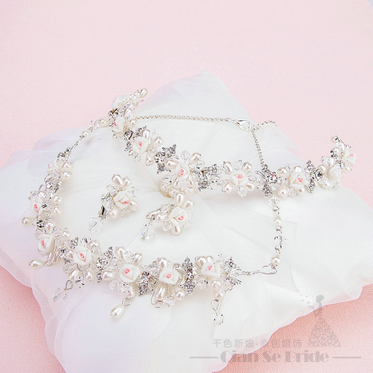Pearls Crystals Ceramic Flower Bridal Jewelry Tiaras Necklace Earring Women Wedding Sets 3pcs - White