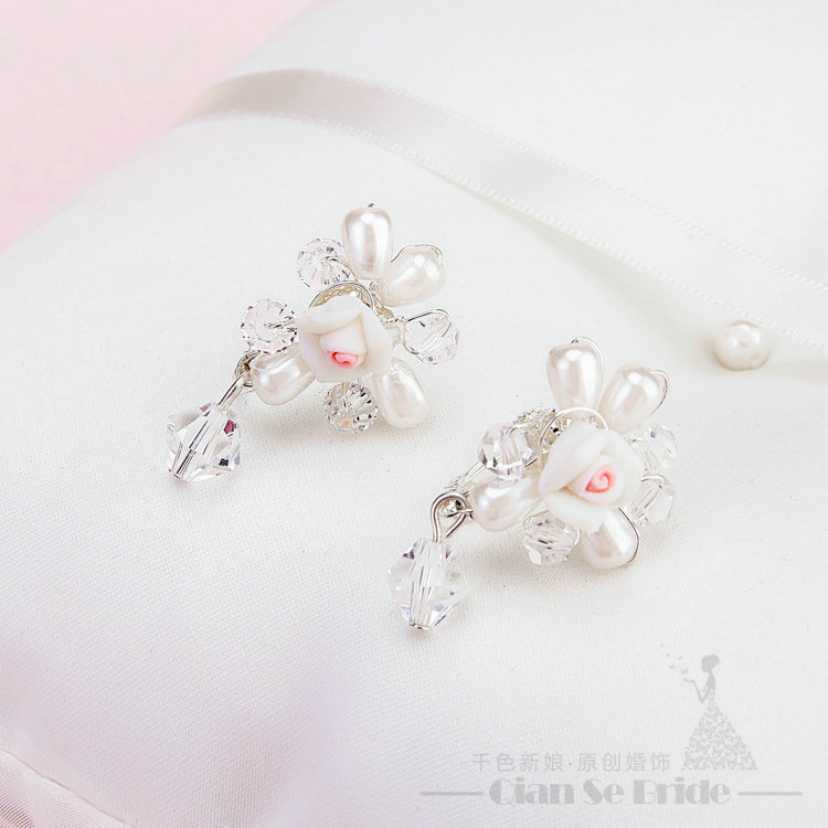 Pearls Crystals Ceramic Flower Bridal Jewelry Tiaras Necklace Earring Women Wedding Sets 3pcs - White