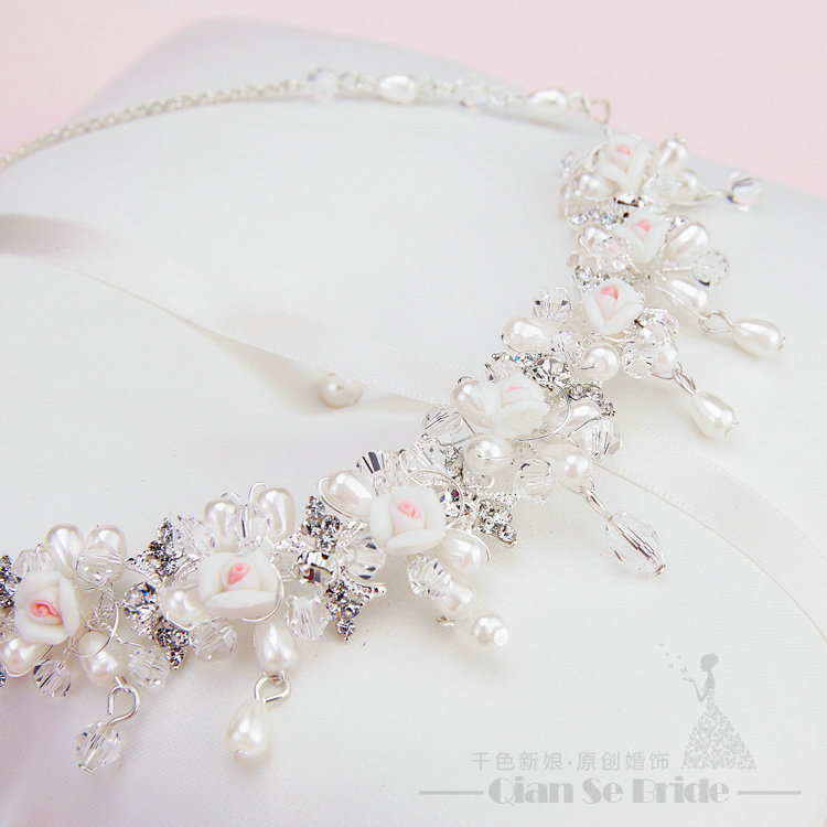 Pearls Crystals Ceramic Flower Bridal Jewelry Tiaras Necklace Earring Women Wedding Sets 3pcs - White