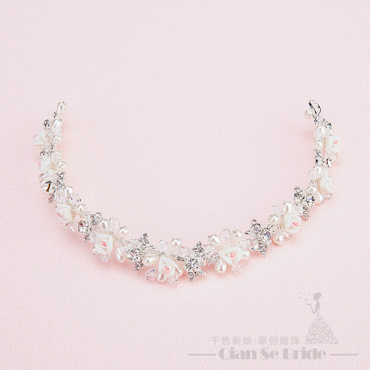 Pearls Crystals Ceramic Flower Bridal Jewelry Tiaras Necklace Earring Women Wedding Sets 3pcs - White