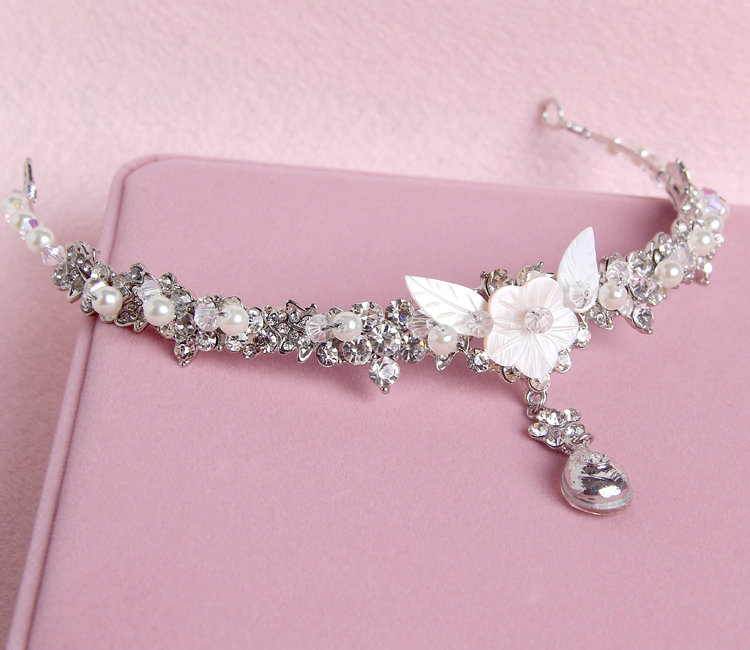 Pearls Flower Alloy Rhinestone Bohemia Bridal Frontlet Pendant Headbands Hair Accessories - White