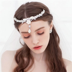 Pearls Flower Alloy Rhinestone Bohemia Bridal Frontlet Pendant Headbands Hair Accessories - White
