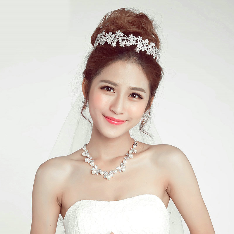 Pearls Flower Rhinestone Bridal Jewelry Tiaras Necklace Earring Women Pageant Sets 3pcs - White