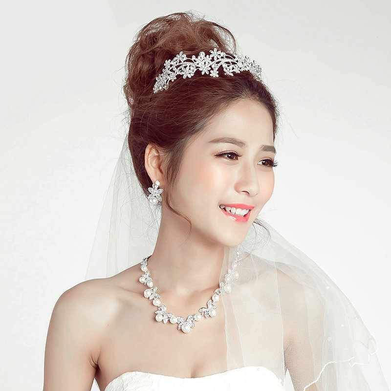 Pearls Flower Rhinestone Bridal Jewelry Tiaras Necklace Earring Women Pageant Sets 3pcs - White