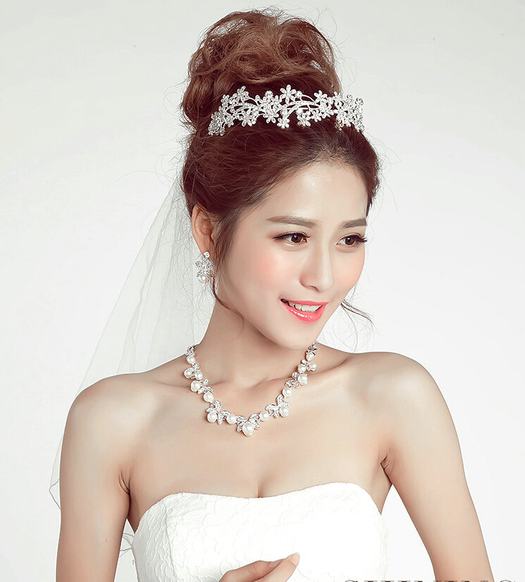Pearls Flower Rhinestone Bridal Jewelry Tiaras Necklace Earring Women Pageant Sets 3pcs - White