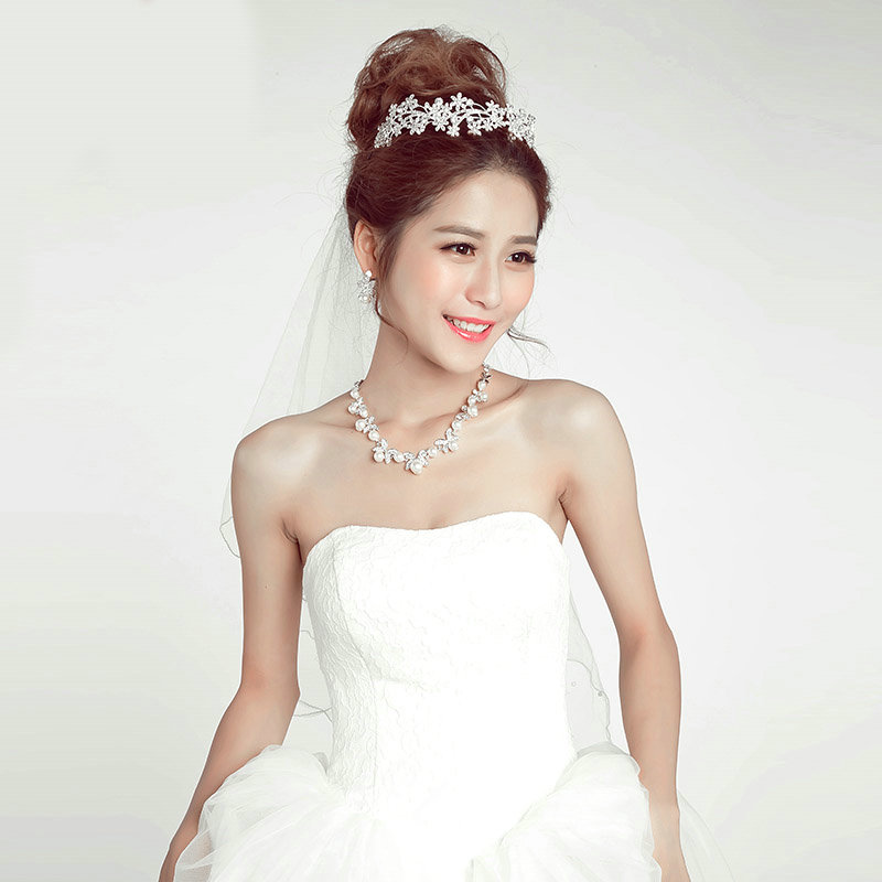 Pearls Flower Rhinestone Bridal Jewelry Tiaras Necklace Earring Women Pageant Sets 3pcs - White