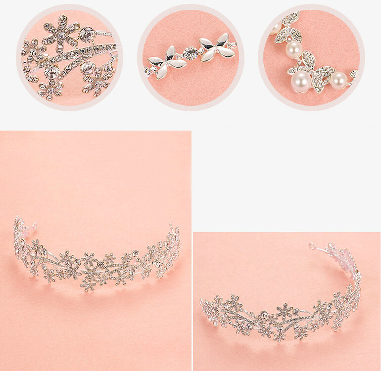 Pearls Flower Rhinestone Bridal Jewelry Tiaras Necklace Earring Women Pageant Sets 3pcs - White