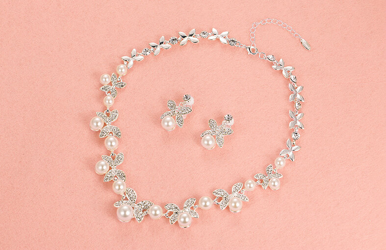 Pearls Flower Rhinestone Bridal Jewelry Tiaras Necklace Earring Women Pageant Sets 3pcs - White