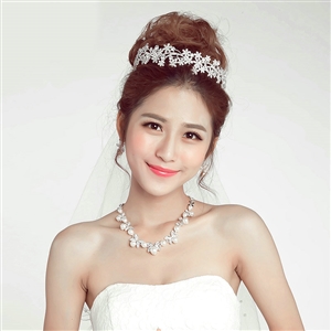Pearls Flower Rhinestone Bridal Jewelry Tiaras Necklace Earring Women Pageant Sets 3pcs - White