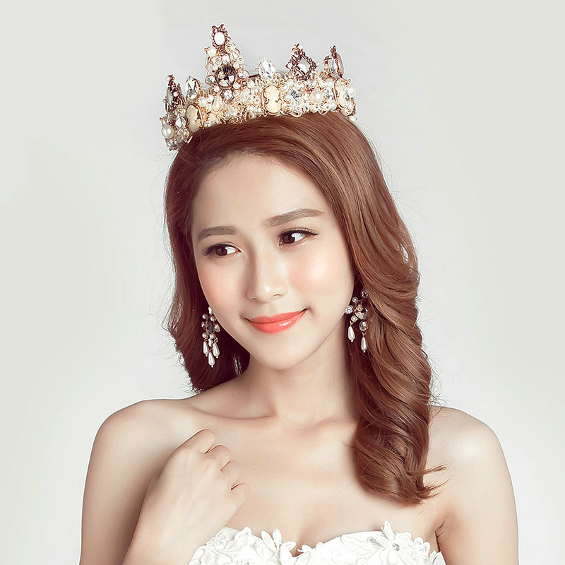 Pearls Rhinestone Baroque Bridal Jewelry Tiaras Earring Wedding Beauty Pageant Sets 2pcs - Gold