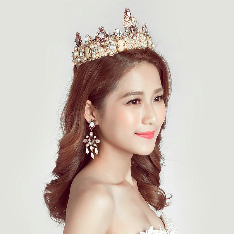 Pearls Rhinestone Baroque Bridal Jewelry Tiaras Earring Wedding Beauty Pageant Sets 2pcs - Gold