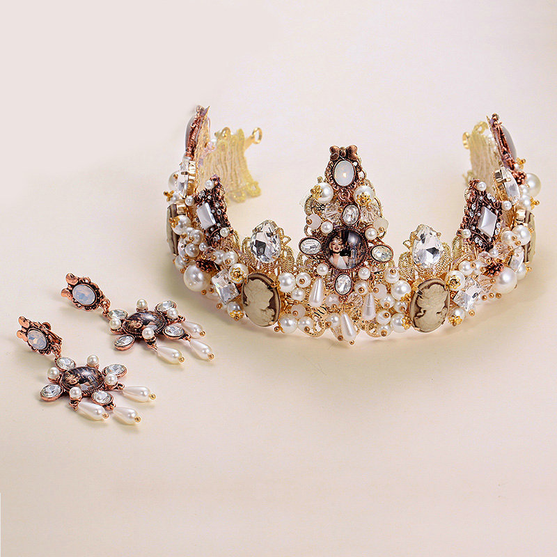 Pearls Rhinestone Baroque Bridal Jewelry Tiaras Earring Wedding Beauty Pageant Sets 2pcs - Gold