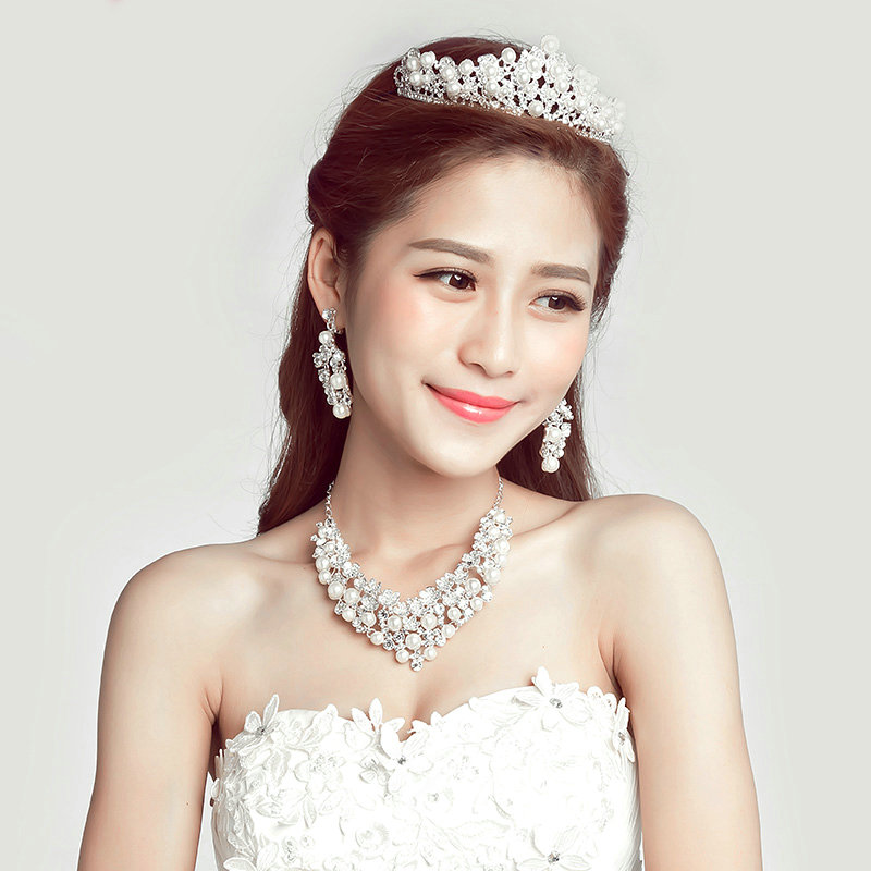 Pearls Rhinestone Bridal Jewelry Tiaras Necklace Earring Women Pageant Sets 3pcs - White