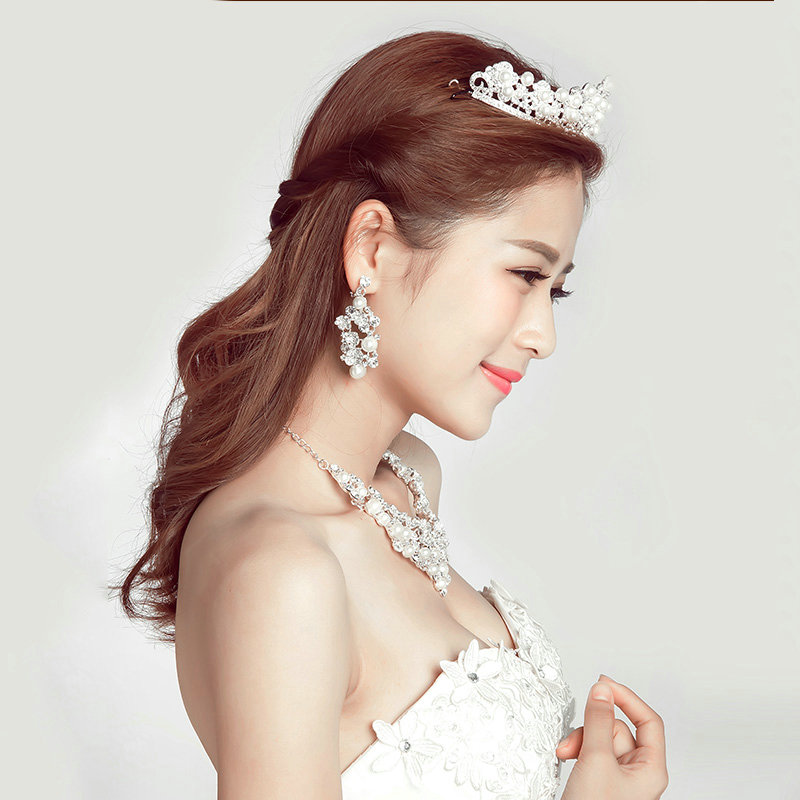 Pearls Rhinestone Bridal Jewelry Tiaras Necklace Earring Women Pageant Sets 3pcs - White