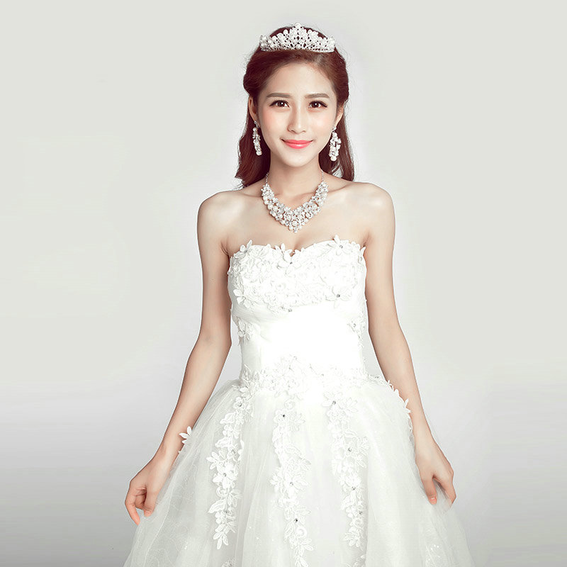 Pearls Rhinestone Bridal Jewelry Tiaras Necklace Earring Women Pageant Sets 3pcs - White