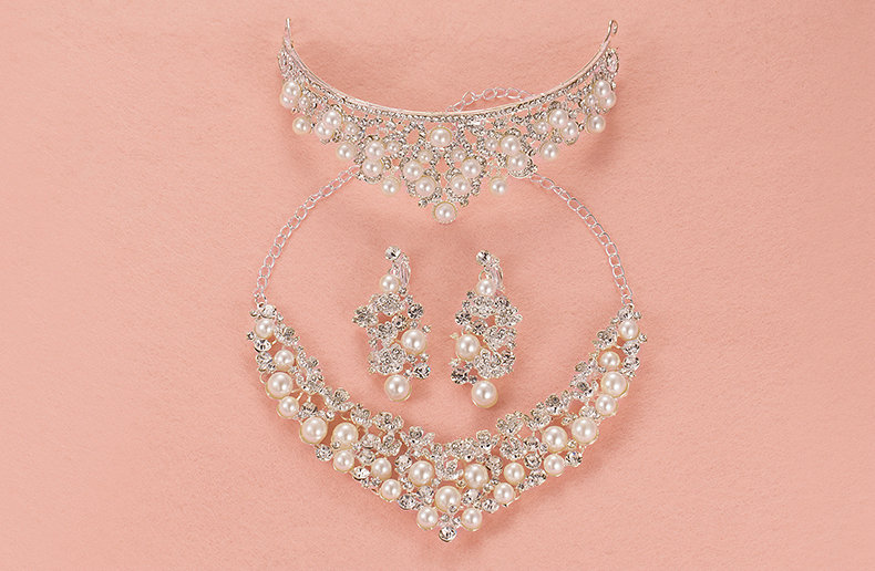 Pearls Rhinestone Bridal Jewelry Tiaras Necklace Earring Women Pageant Sets 3pcs - White