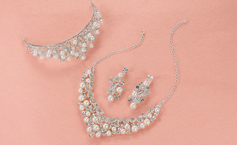 Pearls Rhinestone Bridal Jewelry Tiaras Necklace Earring Women Pageant Sets 3pcs - White