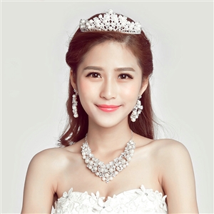 Pearls Rhinestone Bridal Jewelry Tiaras Necklace Earring Women Pageant Sets 3pcs - White