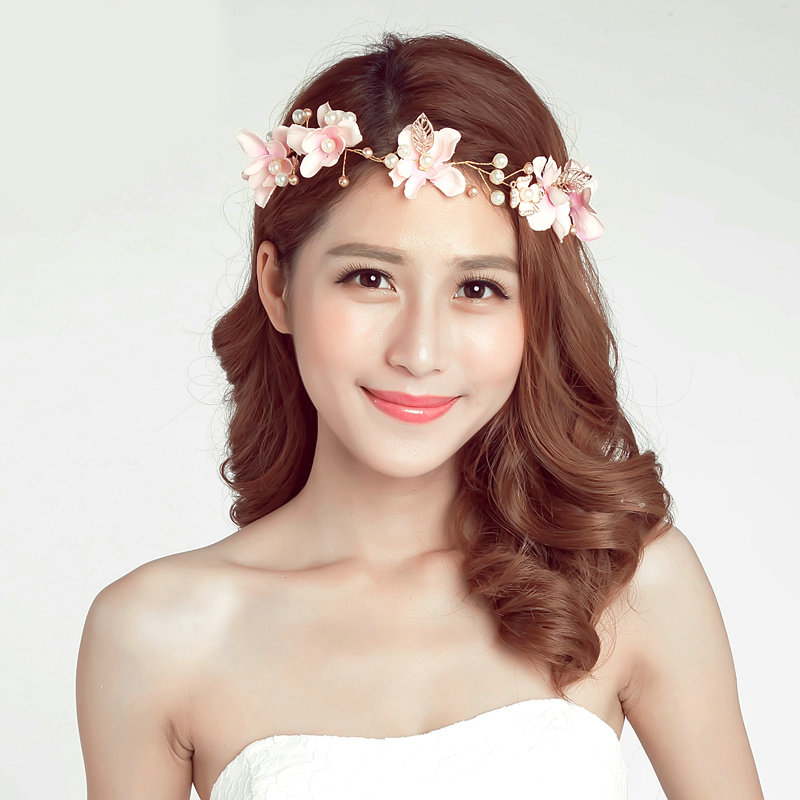 Pearls Simulation Flower Bride Garland Headband Women Wedding Hair Accessories - Pink