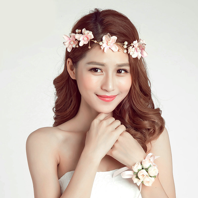 Pearls Simulation Flower Bride Garland Headband Women Wedding Hair Accessories - Pink