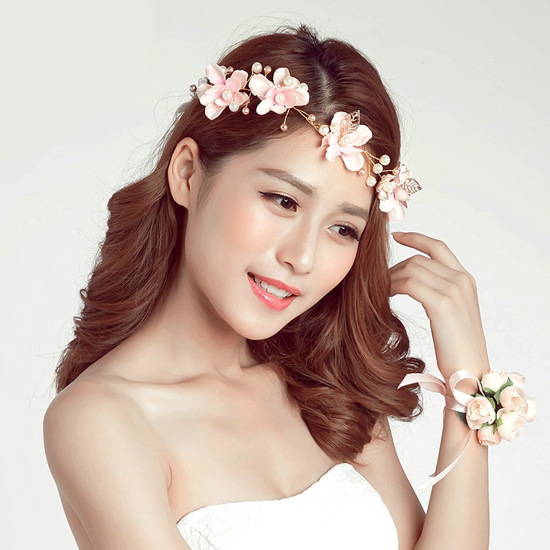 Pearls Simulation Flower Bride Garland Headband Women Wedding Hair Accessories - Pink