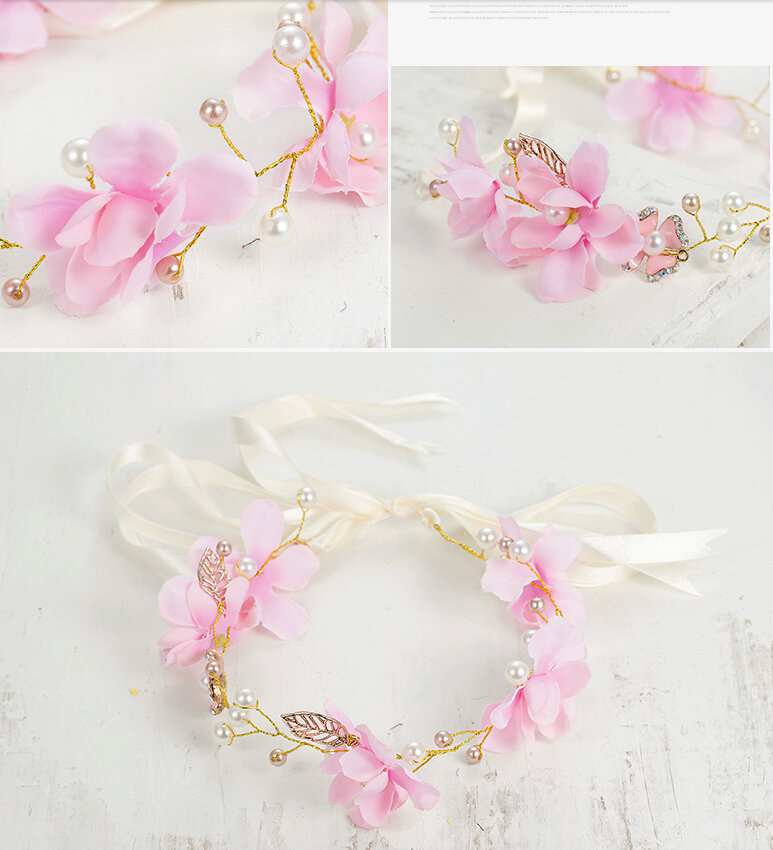 Pearls Simulation Flower Bride Garland Headband Women Wedding Hair Accessories - Pink