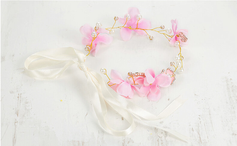 Pearls Simulation Flower Bride Garland Headband Women Wedding Hair Accessories - Pink