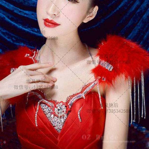 Personality Bridal Fox Fur Crystal Lace Shoulder Chain Sexy Queen Wedding Accessories - Red