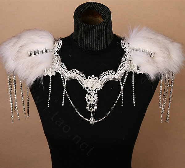 Personality Bridal Fox Fur Crystal Lace Shoulder Chain Sexy Queen Wedding Accessories - White