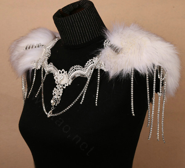 Personality Bridal Fox Fur Crystal Lace Shoulder Chain Sexy Queen Wedding Accessories - White