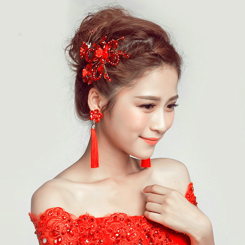 Retro Alloy Rhinestone Butterfly Bridal Headbands Jewelry Earring Women Weeding Sets - Red