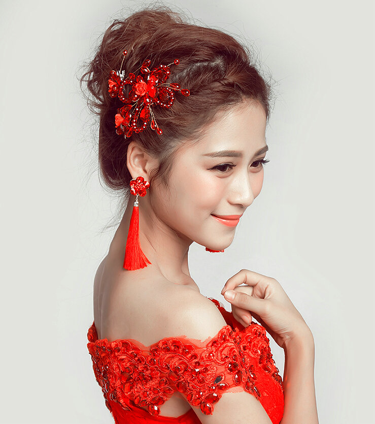 Retro Alloy Rhinestone Butterfly Bridal Headbands Jewelry Earring Women Weeding Sets - Red