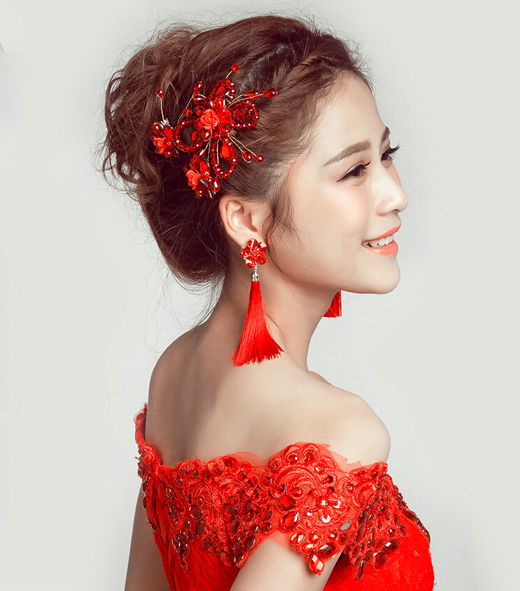 Retro Alloy Rhinestone Butterfly Bridal Headbands Jewelry Earring Women Weeding Sets - Red