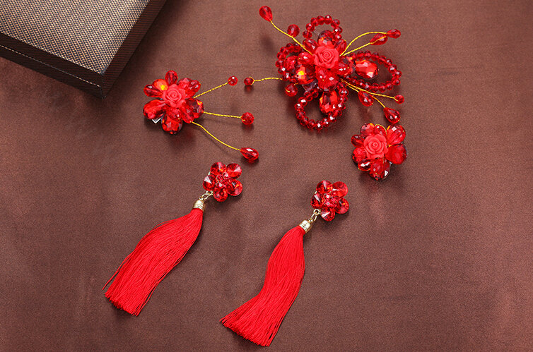 Retro Alloy Rhinestone Butterfly Bridal Headbands Jewelry Earring Women Weeding Sets - Red
