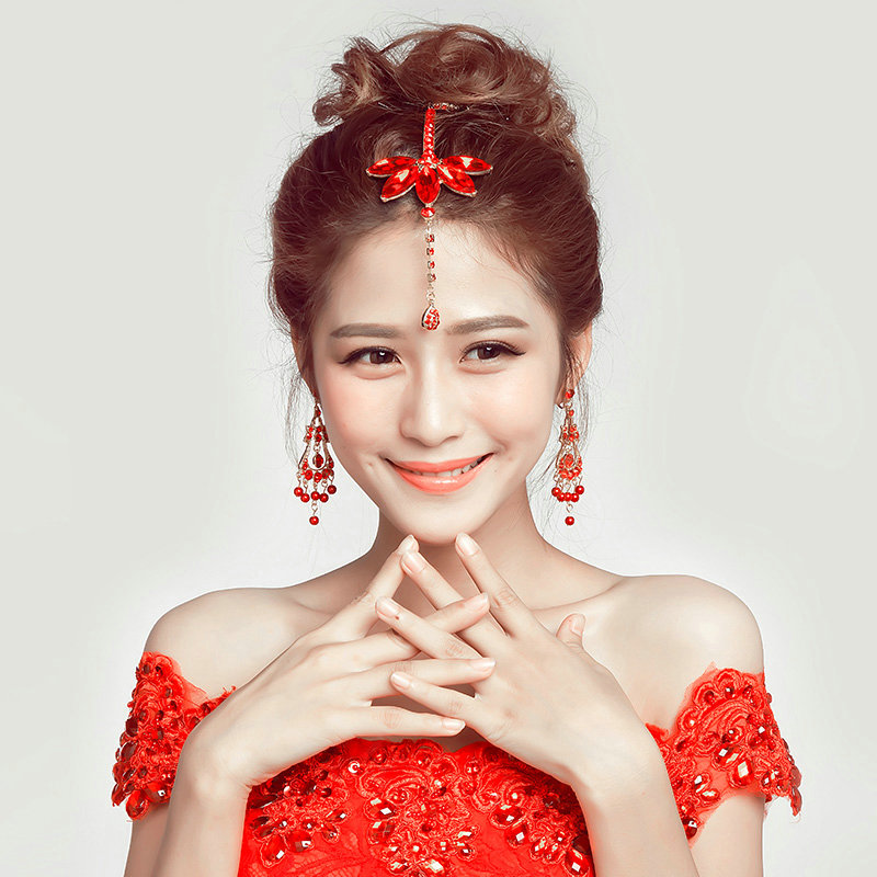 Retro Alloy Rhinestone Flower Bridal Headbands Jewelry Earring Women Weeding Sets 2pcs - Red
