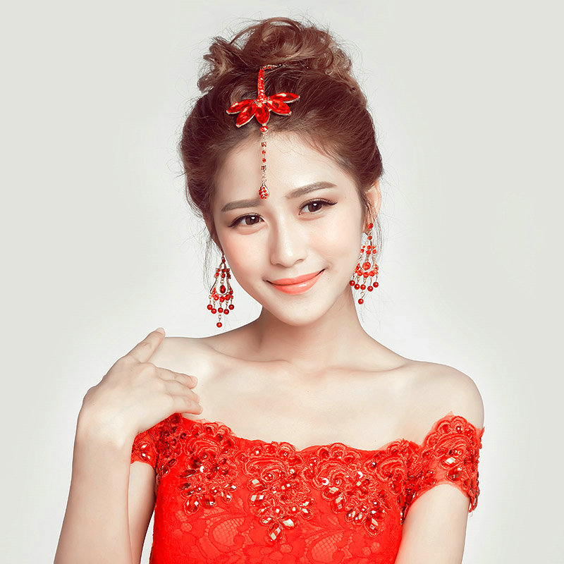 Retro Alloy Rhinestone Flower Bridal Headbands Jewelry Earring Women Weeding Sets 2pcs - Red