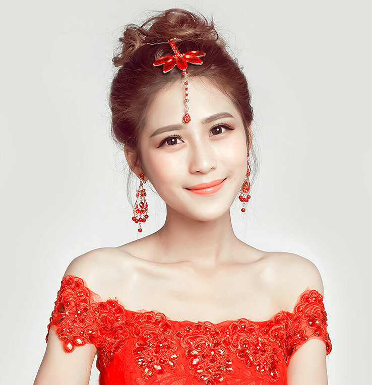 Retro Alloy Rhinestone Flower Bridal Headbands Jewelry Earring Women Weeding Sets 2pcs - Red