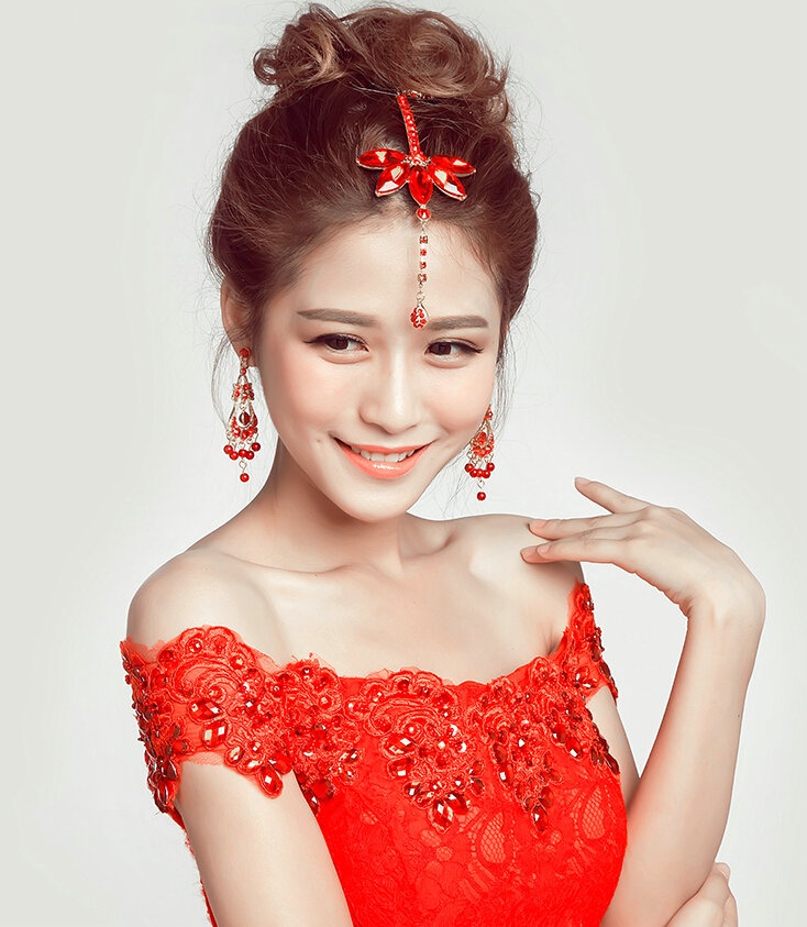 Retro Alloy Rhinestone Flower Bridal Headbands Jewelry Earring Women Weeding Sets 2pcs - Red