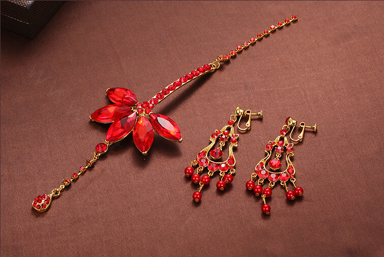 Retro Alloy Rhinestone Flower Bridal Headbands Jewelry Earring Women Weeding Sets 2pcs - Red