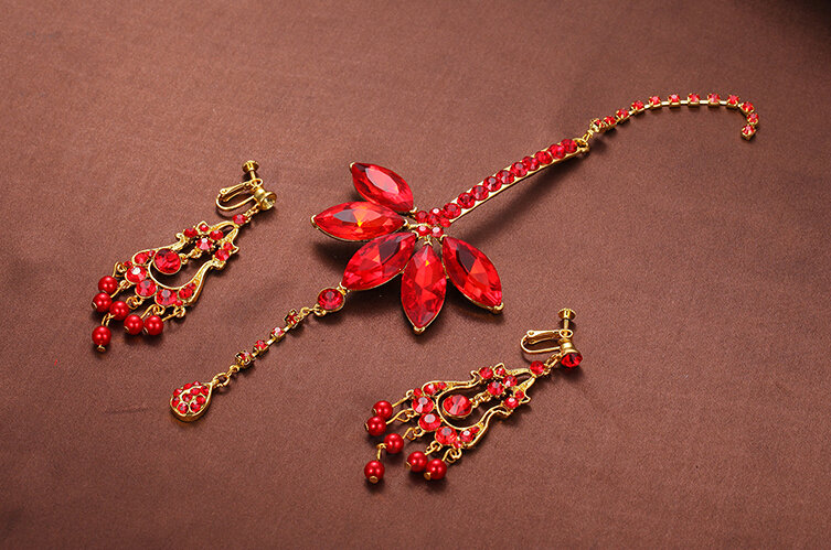 Retro Alloy Rhinestone Flower Bridal Headbands Jewelry Earring Women Weeding Sets 2pcs - Red